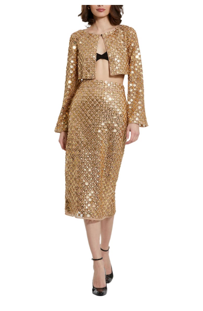 Mac Duggal Beaded Sequin Georgette Long Sleeve Cardigan, Alternate, color,