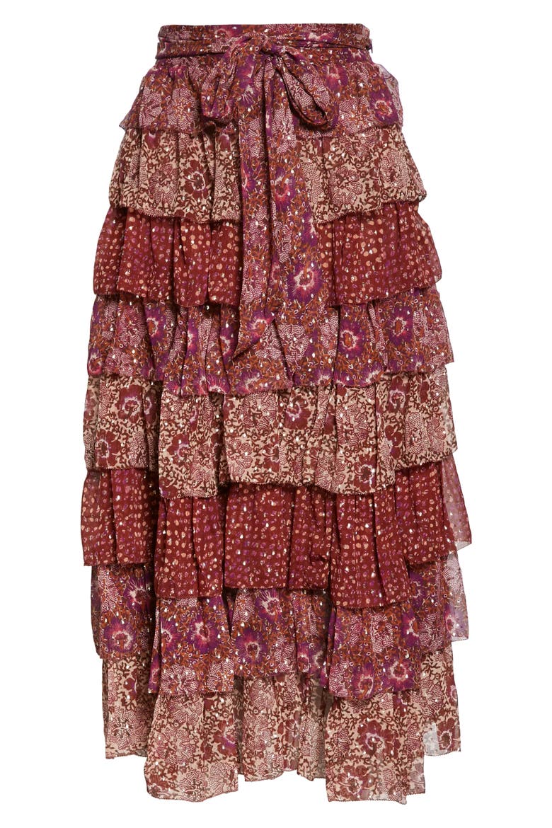Fayanna Metallic Tiered Silk Skirt, Alternate, color, CLARET PATCHWORK