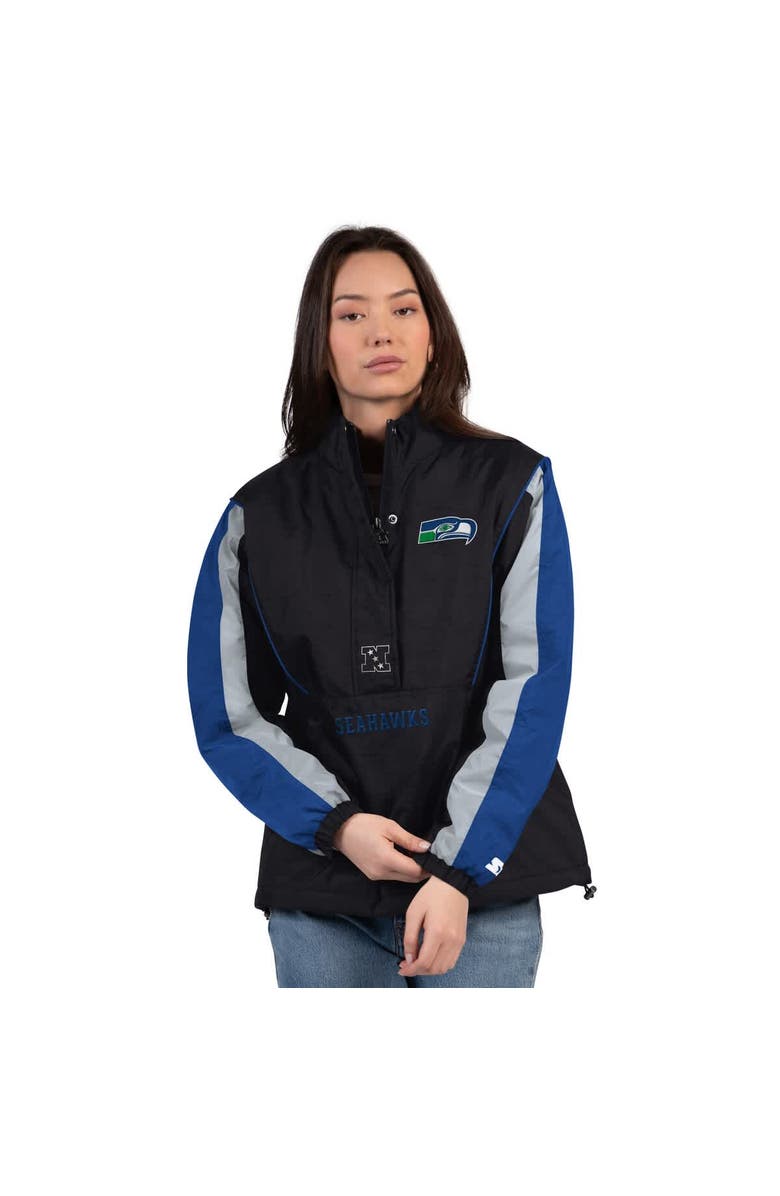 STARTER Women
s Starter Black/College Navy Seattle Seahawks Thursday Night Gridiron Half-Zip Jacket, Main, color, Black