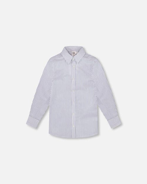 Deux Par Deux Boy's Long Sleeve Button Down Shirt Navy Blue Stripes In Navy Blue Stripes