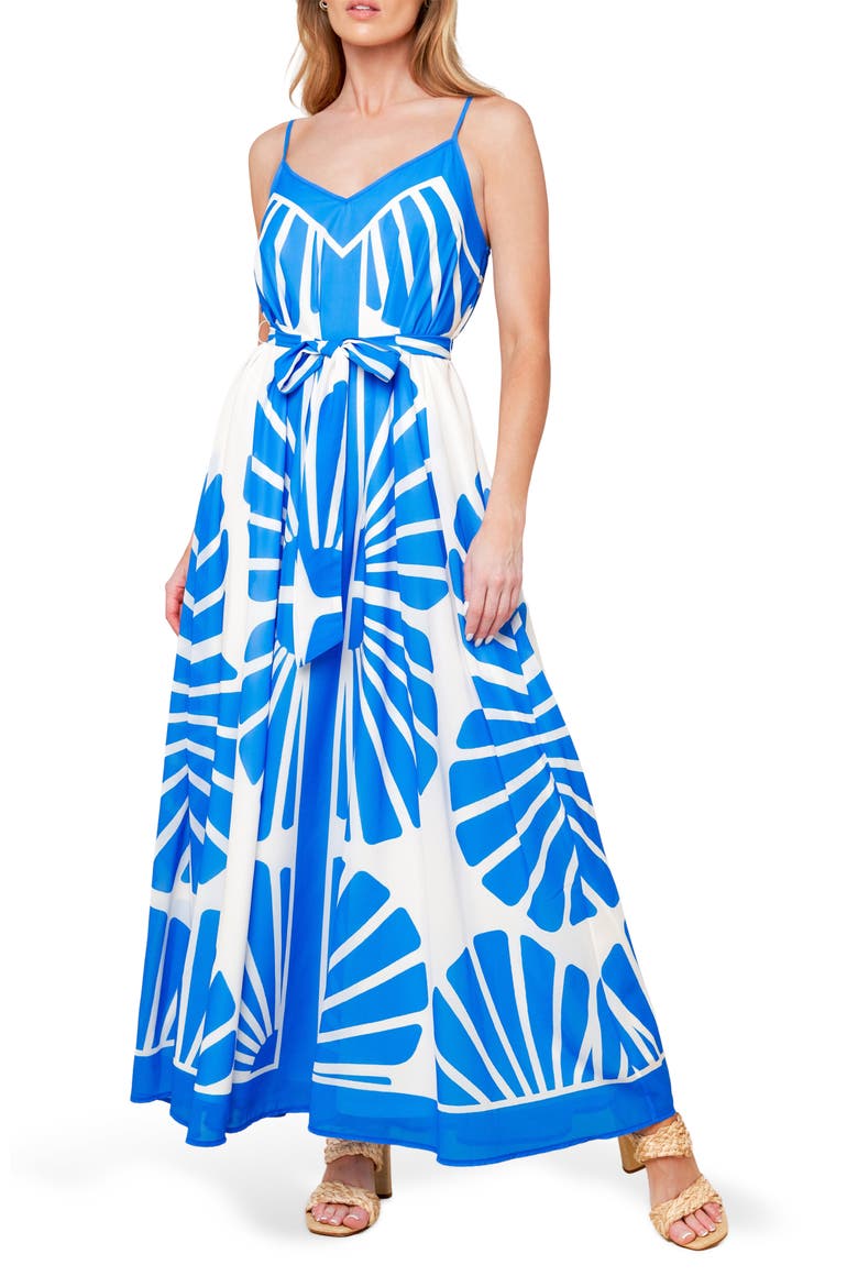 Print Tie Waist Maxi Dress, Main, color, BLUE/ WHITE