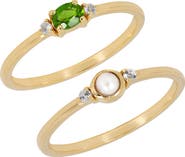 YS GEMS Set of 2 Freshwater Pearl & Chrome Diopside Rings