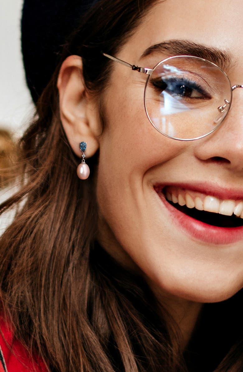 DELMAR Diamond, Blue Topaz & 8-8.5mm Cultured Pearl Drop Earrings, Alternate, color,