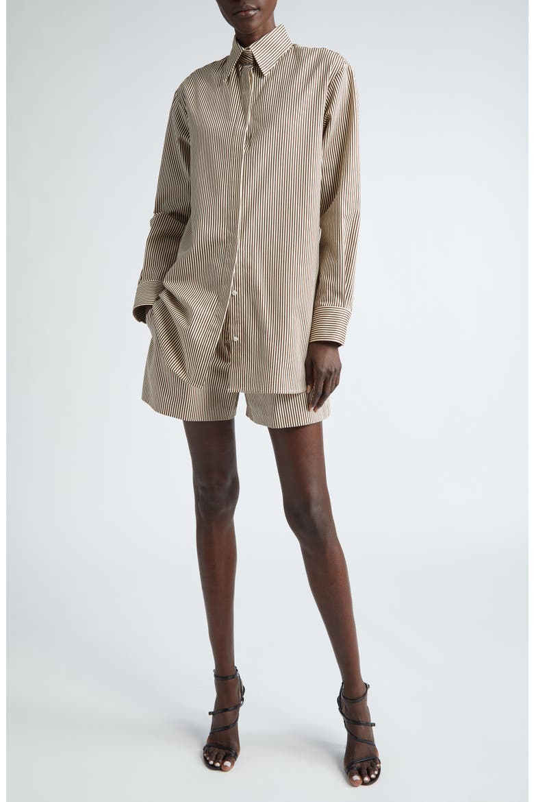 The Essie Pleated Stripe Cotton Shorts, Alternate, color, CHOCOLATE STRIPE