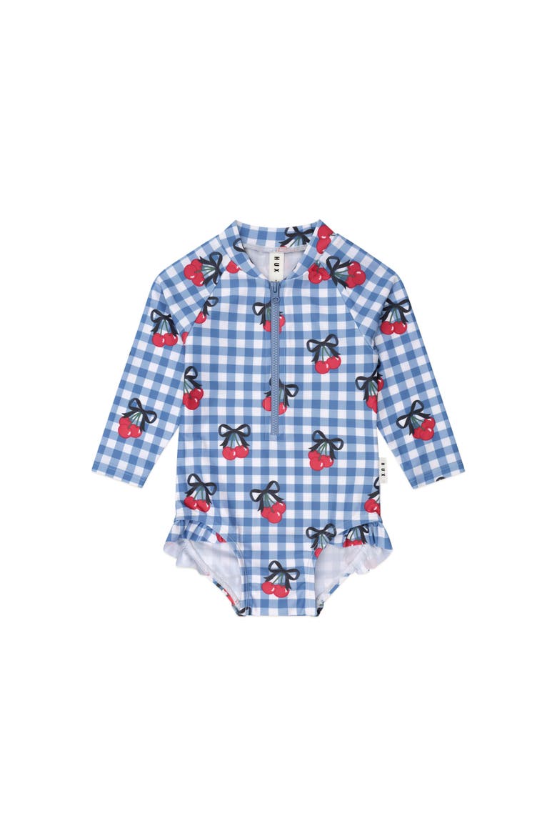 Cherry Gingham Raglan Swimsuit, Main, color, Bijou Blue/Check