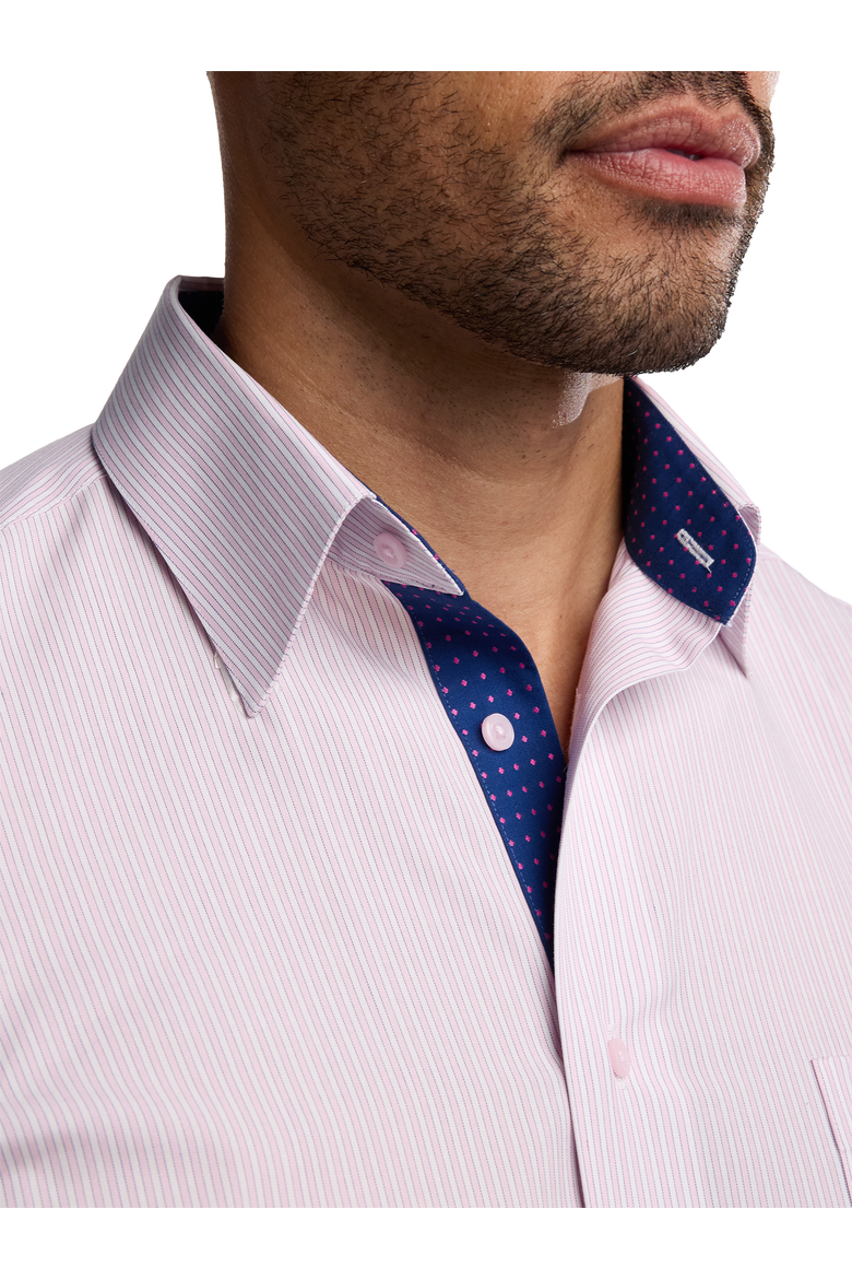 Cotton Point Collar Poplin Tailored Contrast Trim Button Cuff Long Sleeve, Alternate, color, Pink/Navy