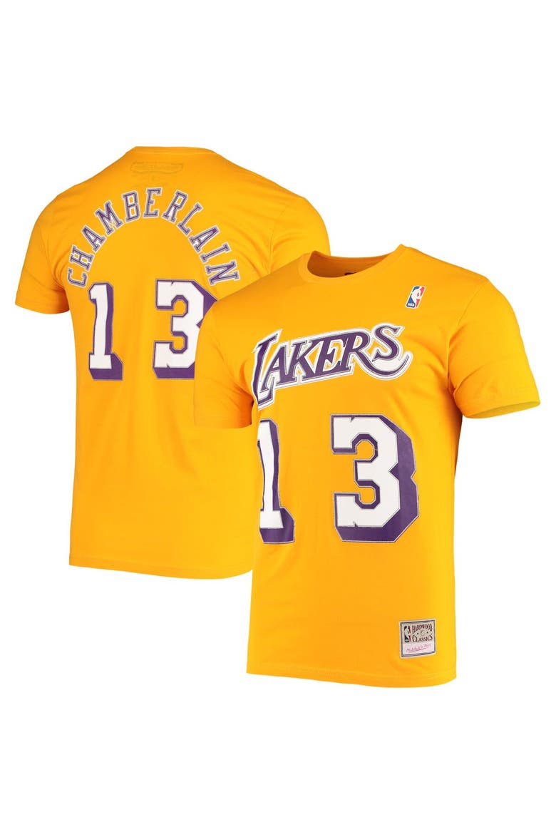 Men's Mitchell & Ness Wilt Chamberlain Gold Los Angeles Lakers Hardwood Classics Stitch Name & Number T-Shirt, Main, color, Gold
