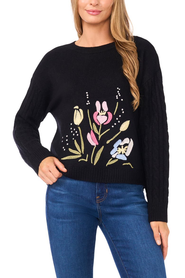 Embroidered Sweater, Main, color, RICH BLACK