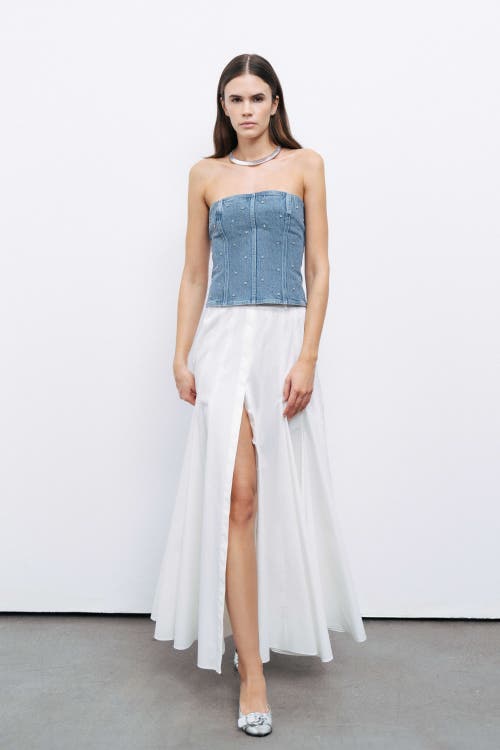 Nocturne Stoned Strapless Denim Crop Top In Indigo Blue