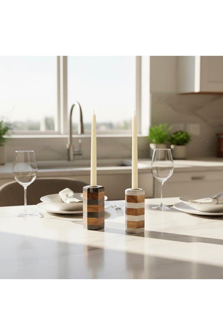 Striped Marble & Acacia Candleholders, Alternate, color, White