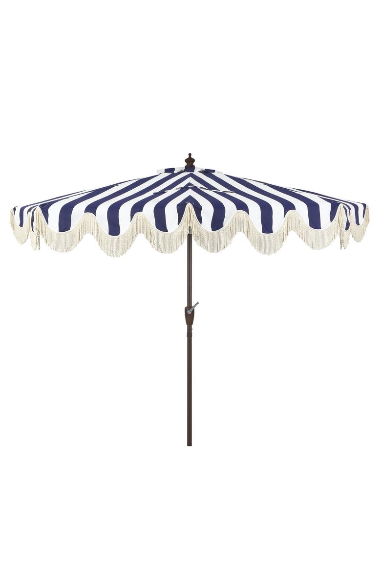 Beverly Coastal Half Patio Umbrella, Space-Saving Balcony Shade with Scalloped Fringe, Crank & Manual Tilt, Alternate, color, Navy/White