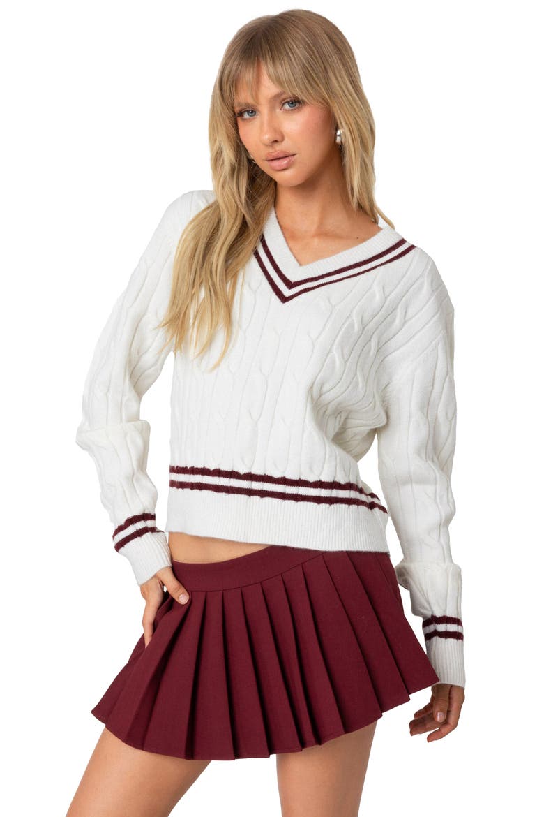Dean Cable Knit Crop V-Neck Sweater, Alternate, color, CREAM