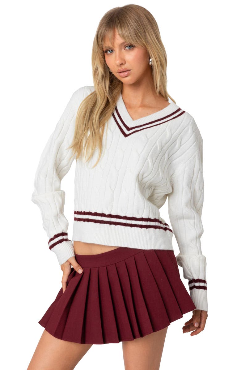 EDIKTED Dean Cable Knit Crop V-Neck Sweater, Alternate, color, Cream