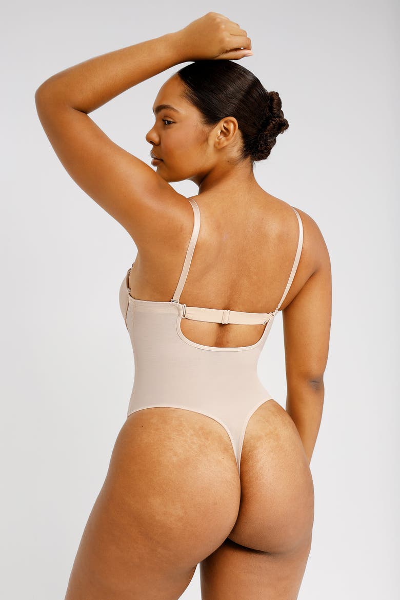 Strapless U-Plunge Thong Shapewear Bodysuit, Alternate, color, Buttercream
