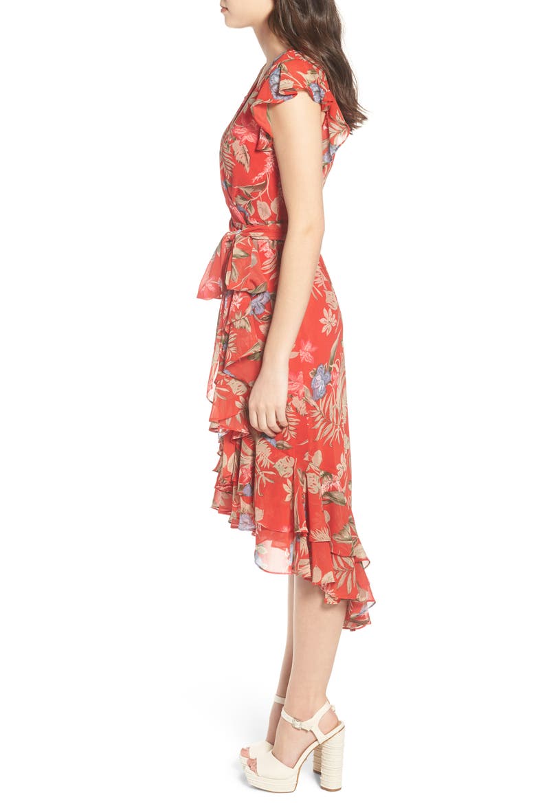Clara Ruffle Wrap Dress, Alternate, color, RED TROPICAL