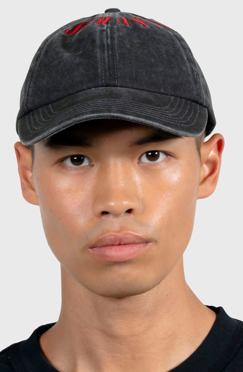 PLEASURES Onyx Crown Washed Cotton Twill Baseball Cap, Alternate, color, Black/ Red