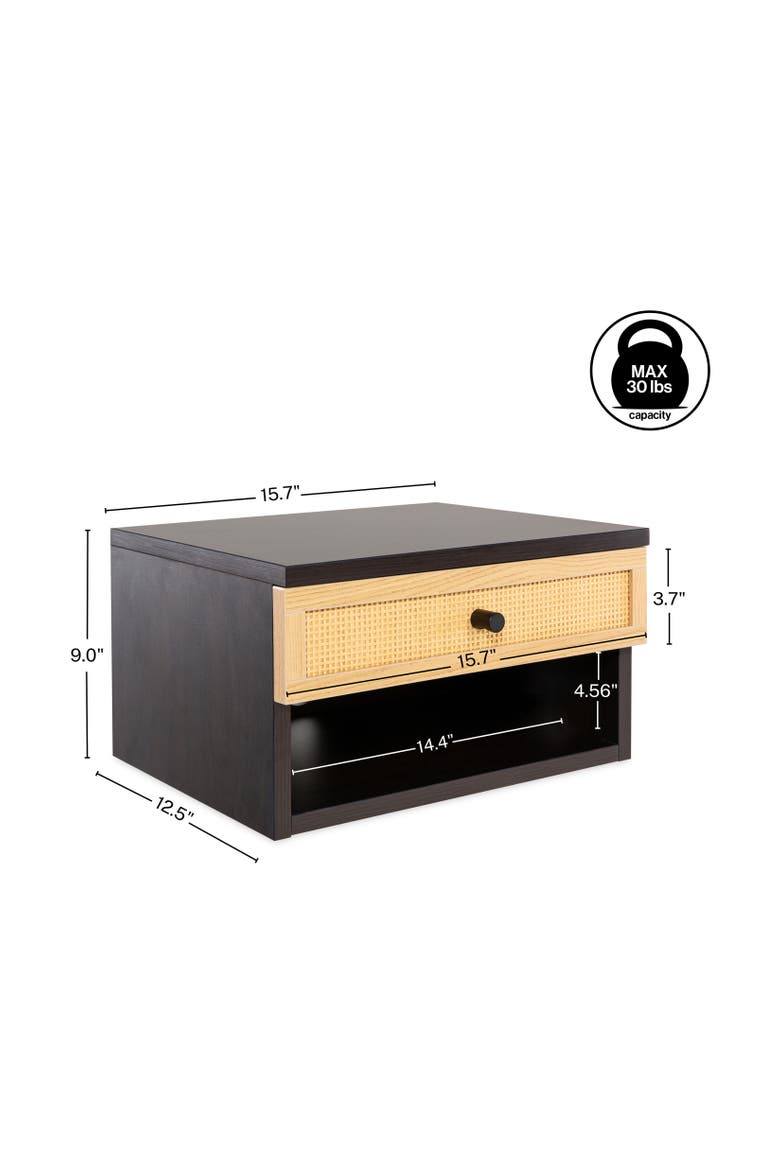 Celerie Bohemian Wall Mounted Floating Nightstand, Bedside Table with Woven Storage Drawer Open Cubby, Alternate, color, Black/Light Oak