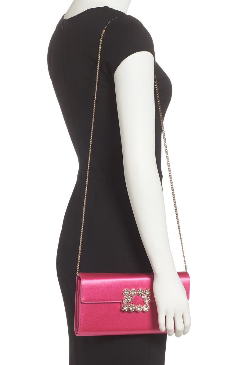 Roger Vivier Flower Buckle Satin Clutch, Alternate, color,