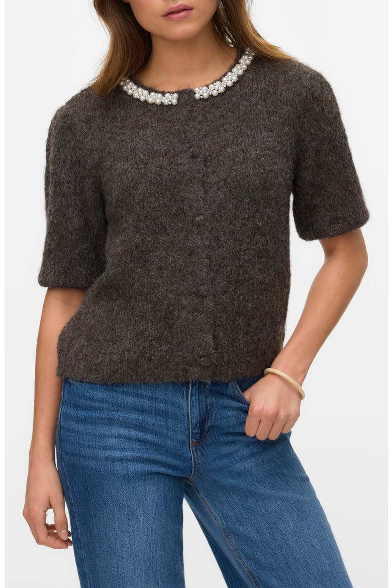 Ocean Pearly Short Sleeve Cardigan, Main, color, CHOCOLATE TORTE DETA