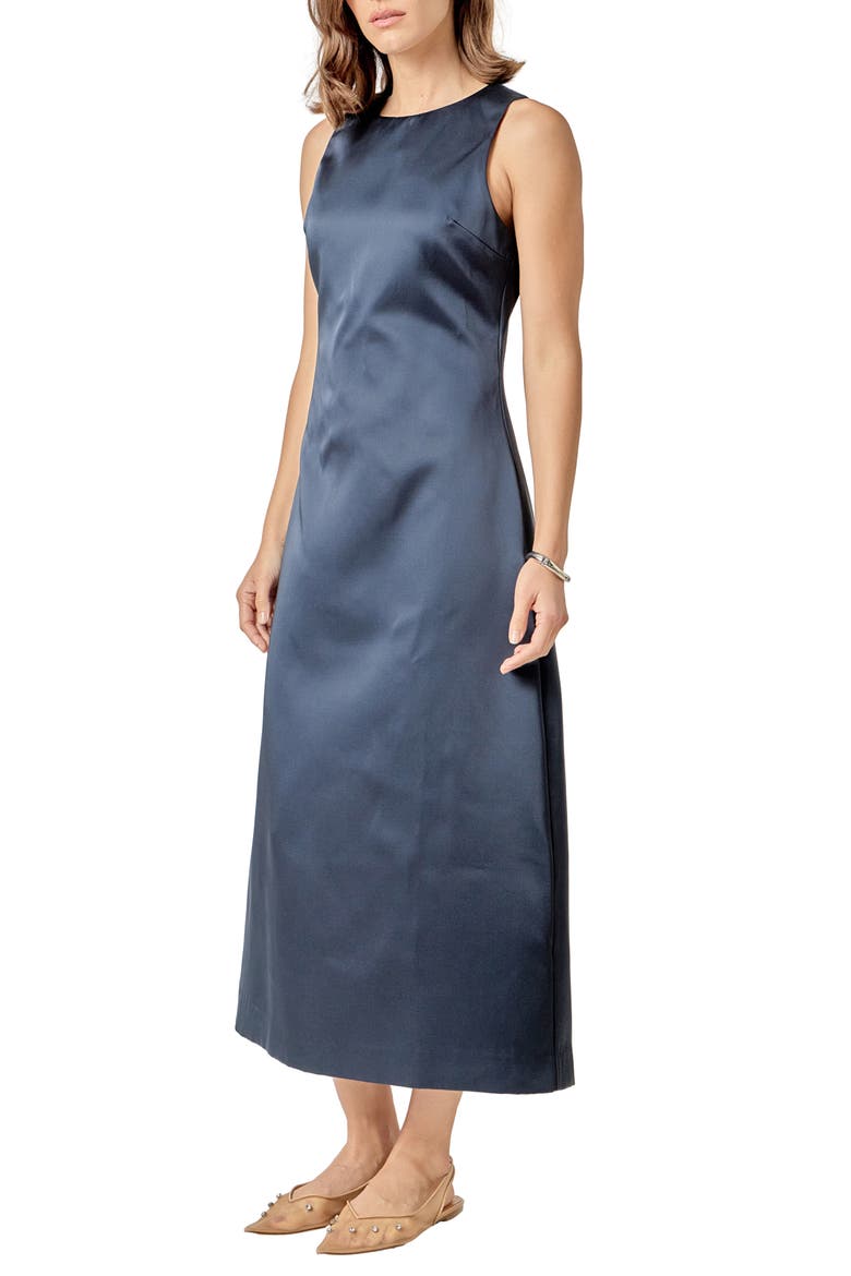 Sleeveless Satin Midi Dress, Alternate, color, NAVY