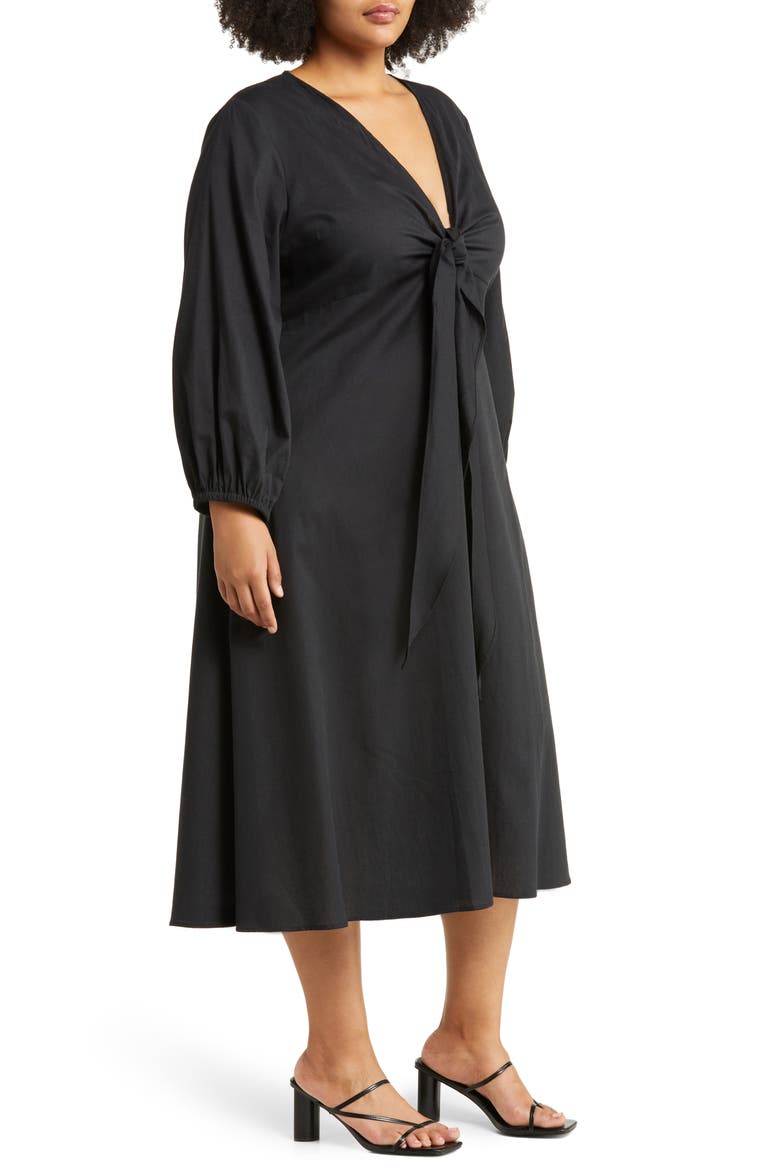 Novella Knot Front Long Sleeve Midi Dress, Alternate, color, BLACK