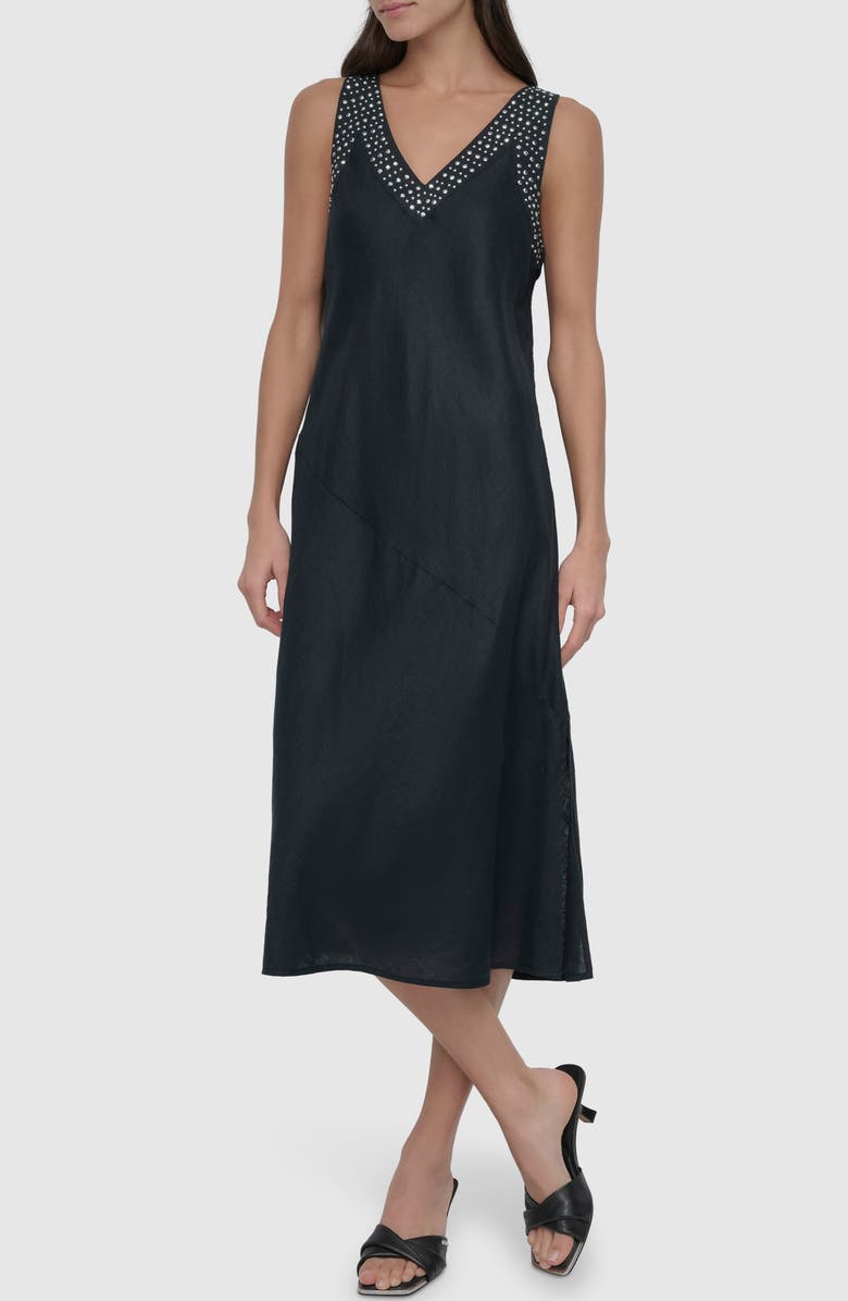 DKNY Stud Detail Linen Midi Dress, Main, color, 