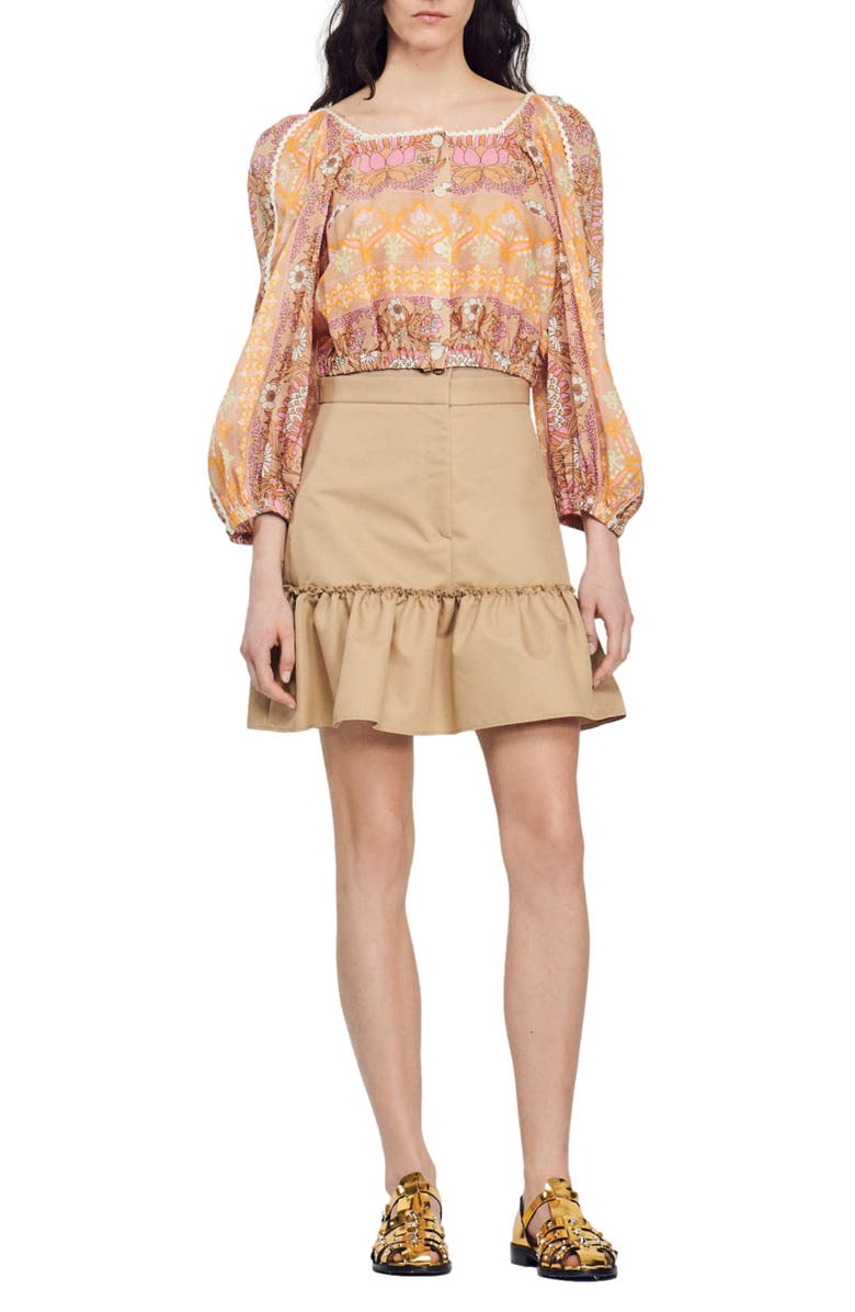 SANDRO Print Blouson Linen Blend Top, Alternate, color, Beige