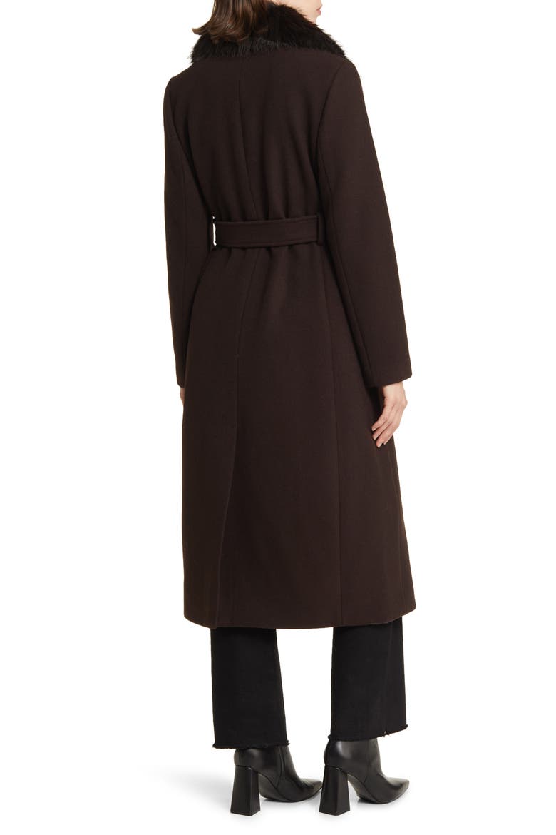 Belted Longline Wool Blend Coat with Faux Fur Collar, Alternate, color, CHOCOLATE