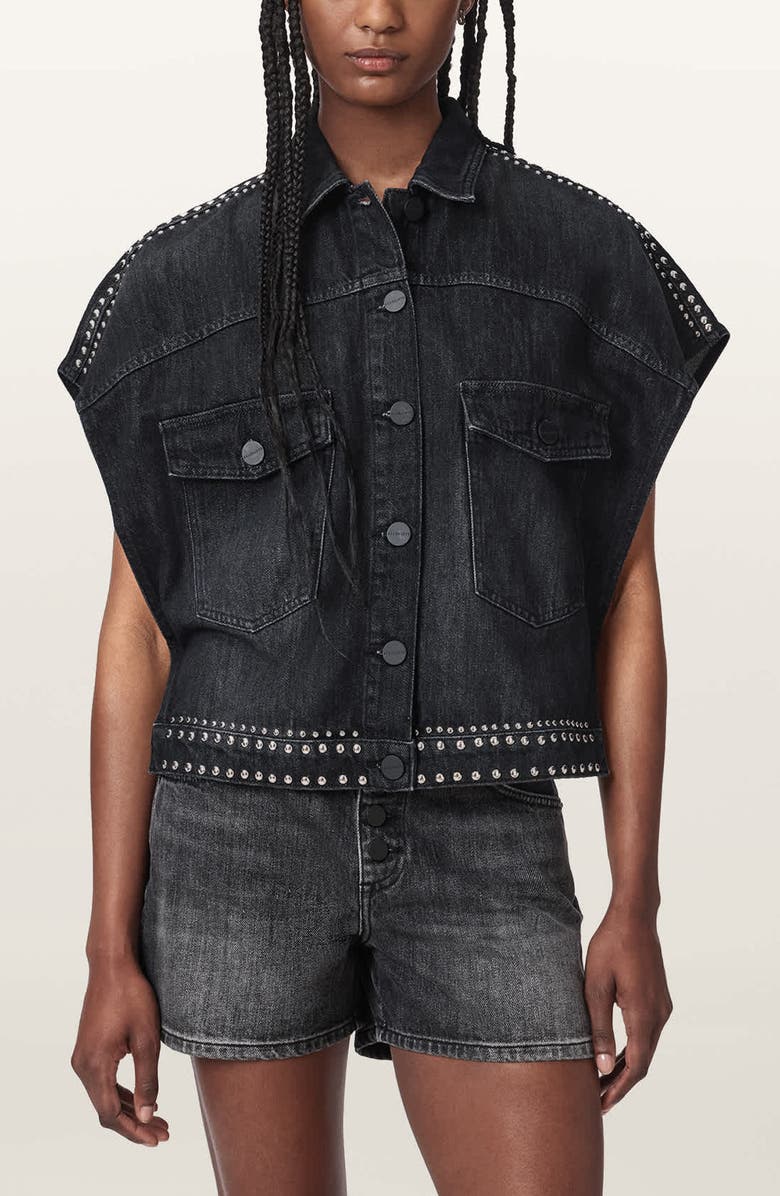 AllSaints Alba Stud Detail Sleeveless Denim Jacket, Main, color, Shadow Black