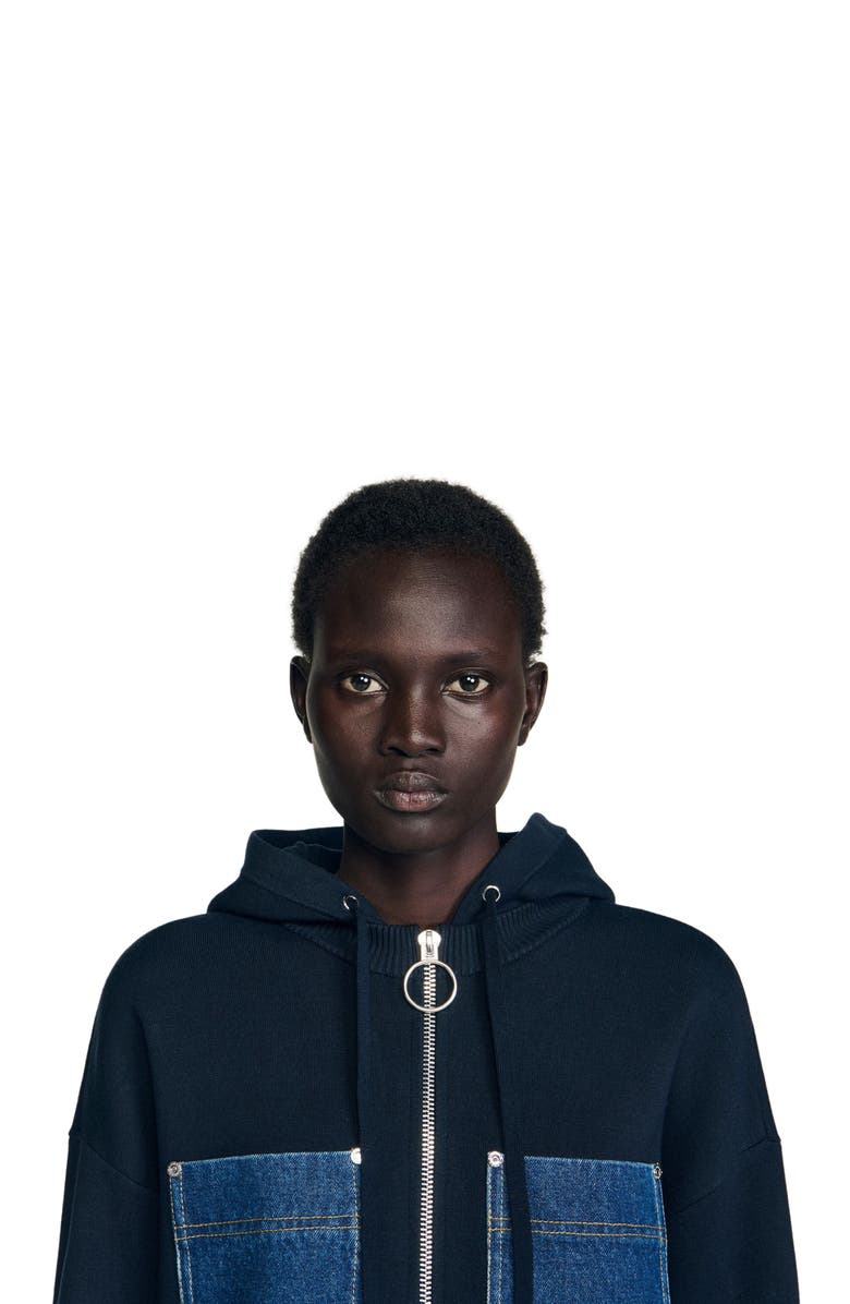 SANDRO Knit and denim sweatshirt, Alternate, color, Navy Blue