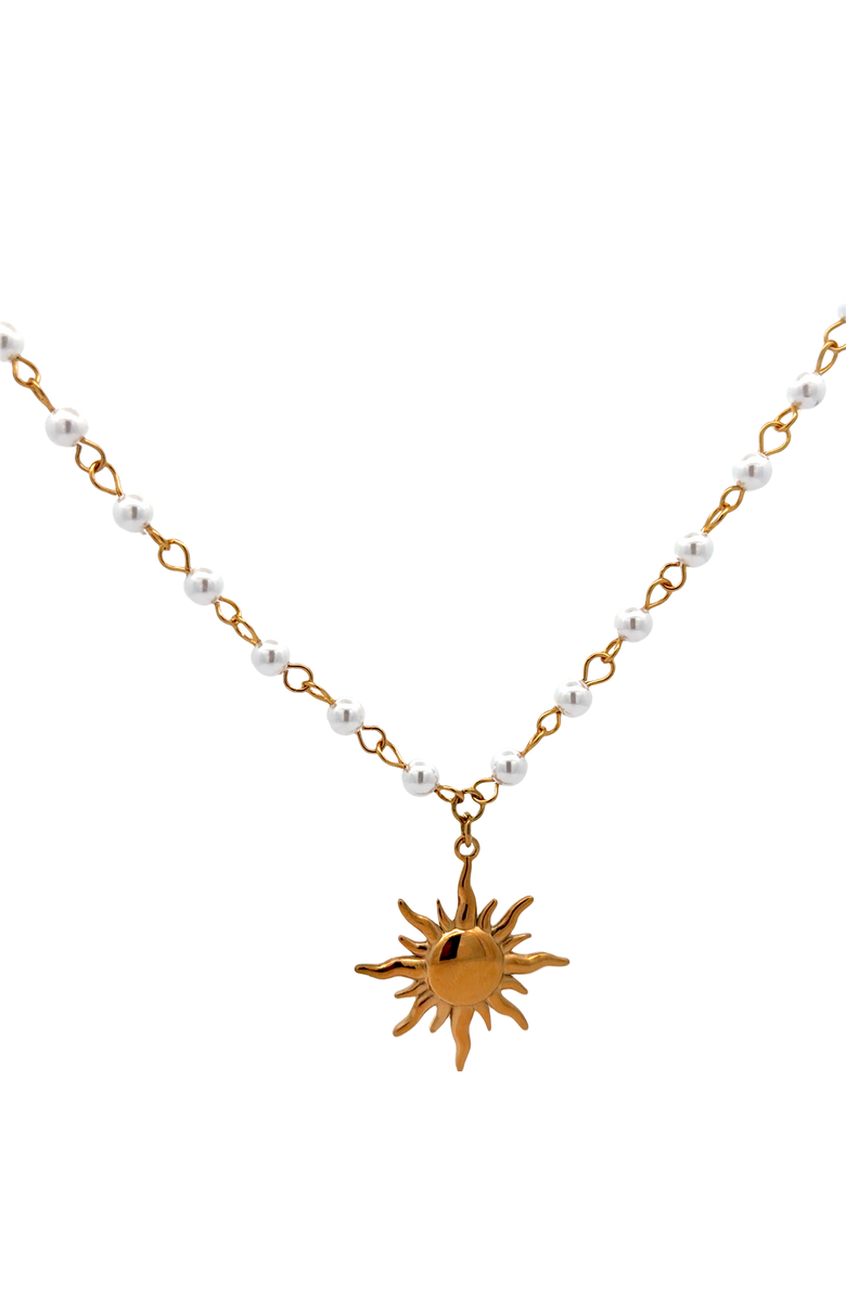 Gemini Jewelry Sun Pendant Faux Pearl Station Necklace, Alternate, color, Yellow