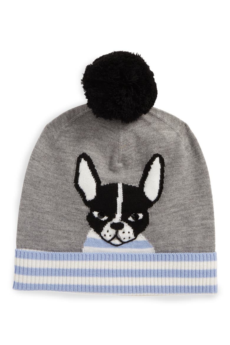 intarsia french bulldog wool beanie, Main, color, HEATHER GREY
