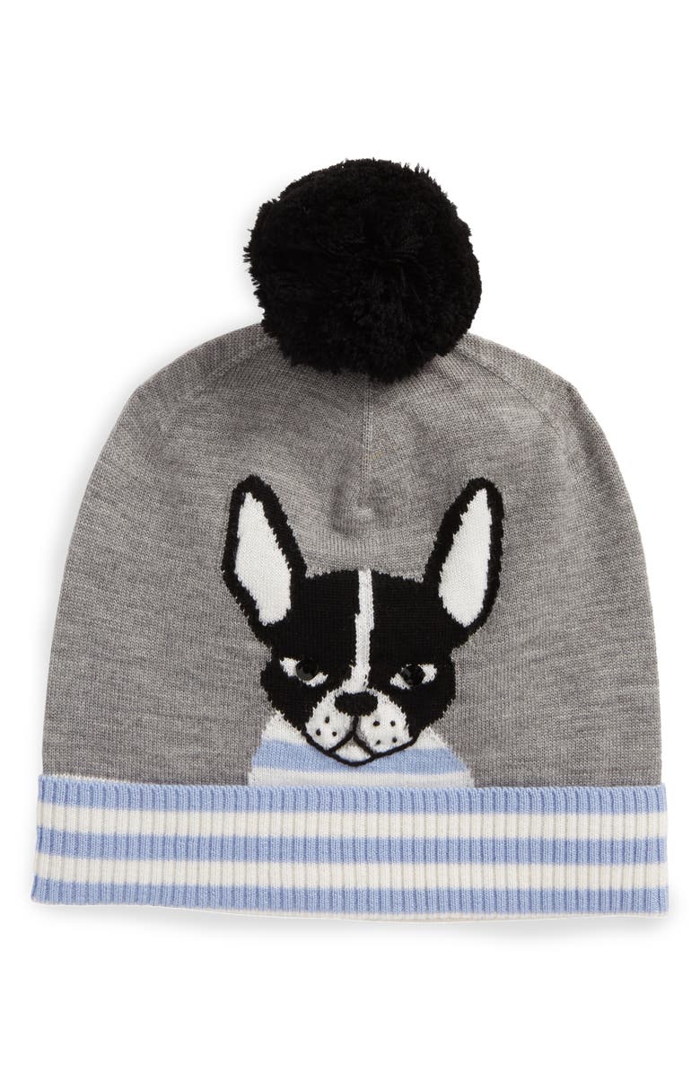Kate Spade New York intarsia french bulldog wool beanie, Main, color, 