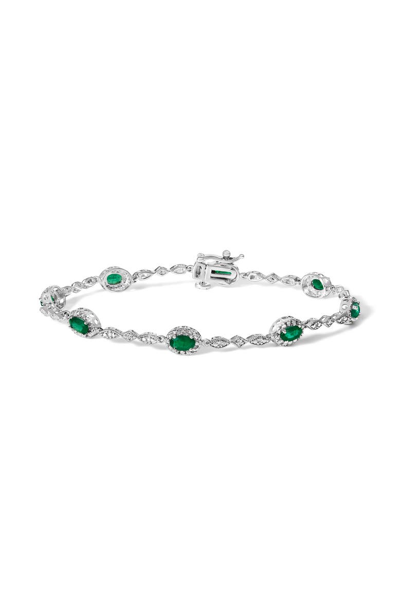 10K White Gold Oval Green Emerald & Diamond Alternating Link Bracelet, Main, color, White