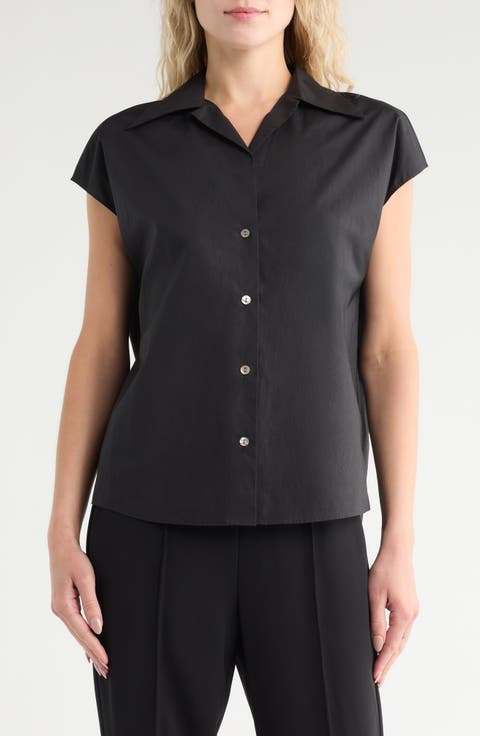 Cap Sleeve Cotton Button-Up Shirt