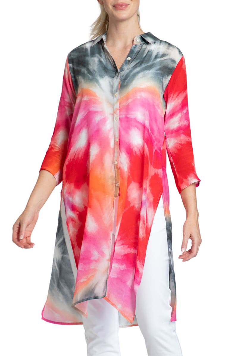 APNY Tie Dye Chiffon Button-Up Tunic, Main, color, Pink Multi