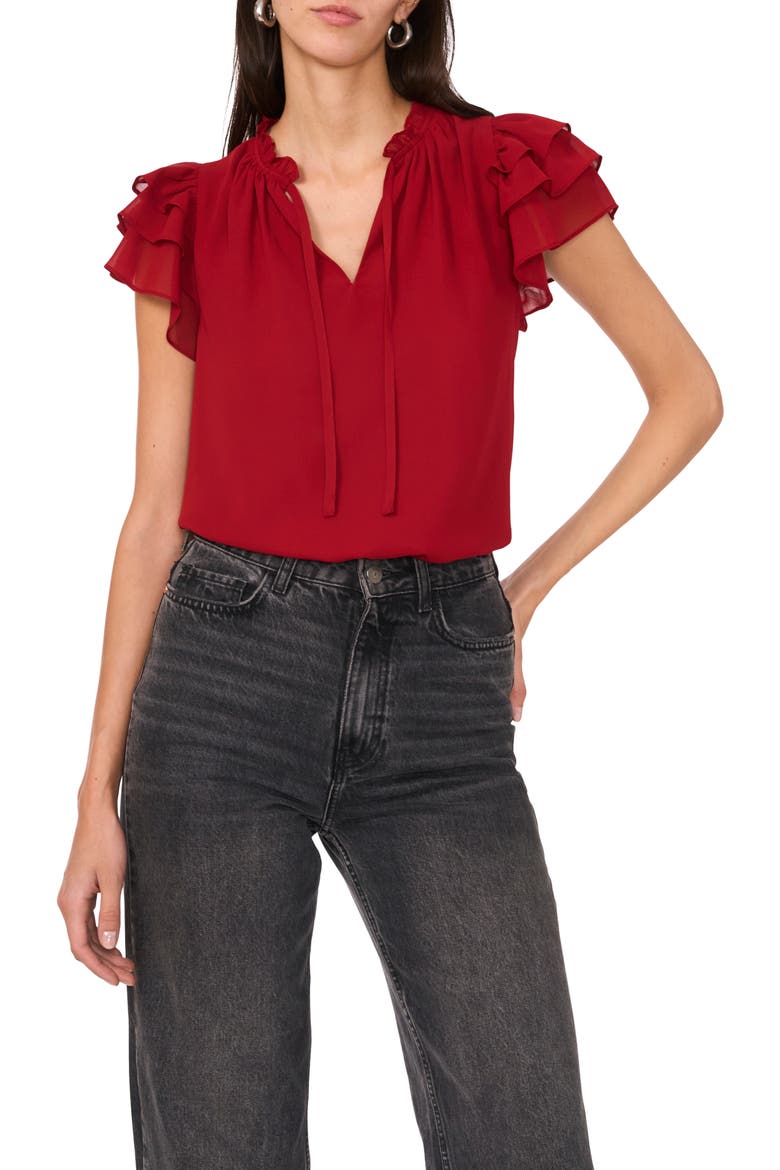 Ruffle Flutter Sleeve Top, Main, color, RED DAHLIA
