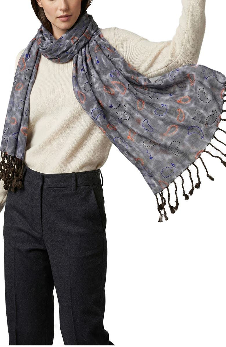 SAACHI Mix Print Fringe Scarf, Main, color, Grey
