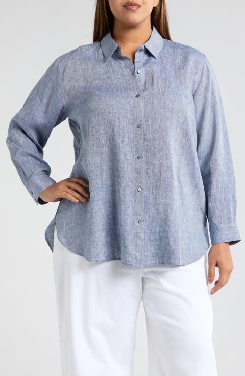 Classic Collar Organic Linen Button-Up Shirt (Plus)