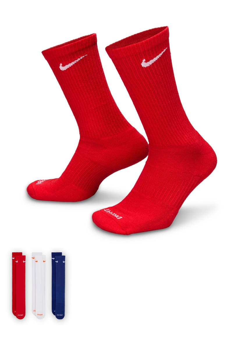 Nike Assorted 3-Pack Everyday Plus Cushion Crew Training Socks, Alternate, color, Red/White/Blue