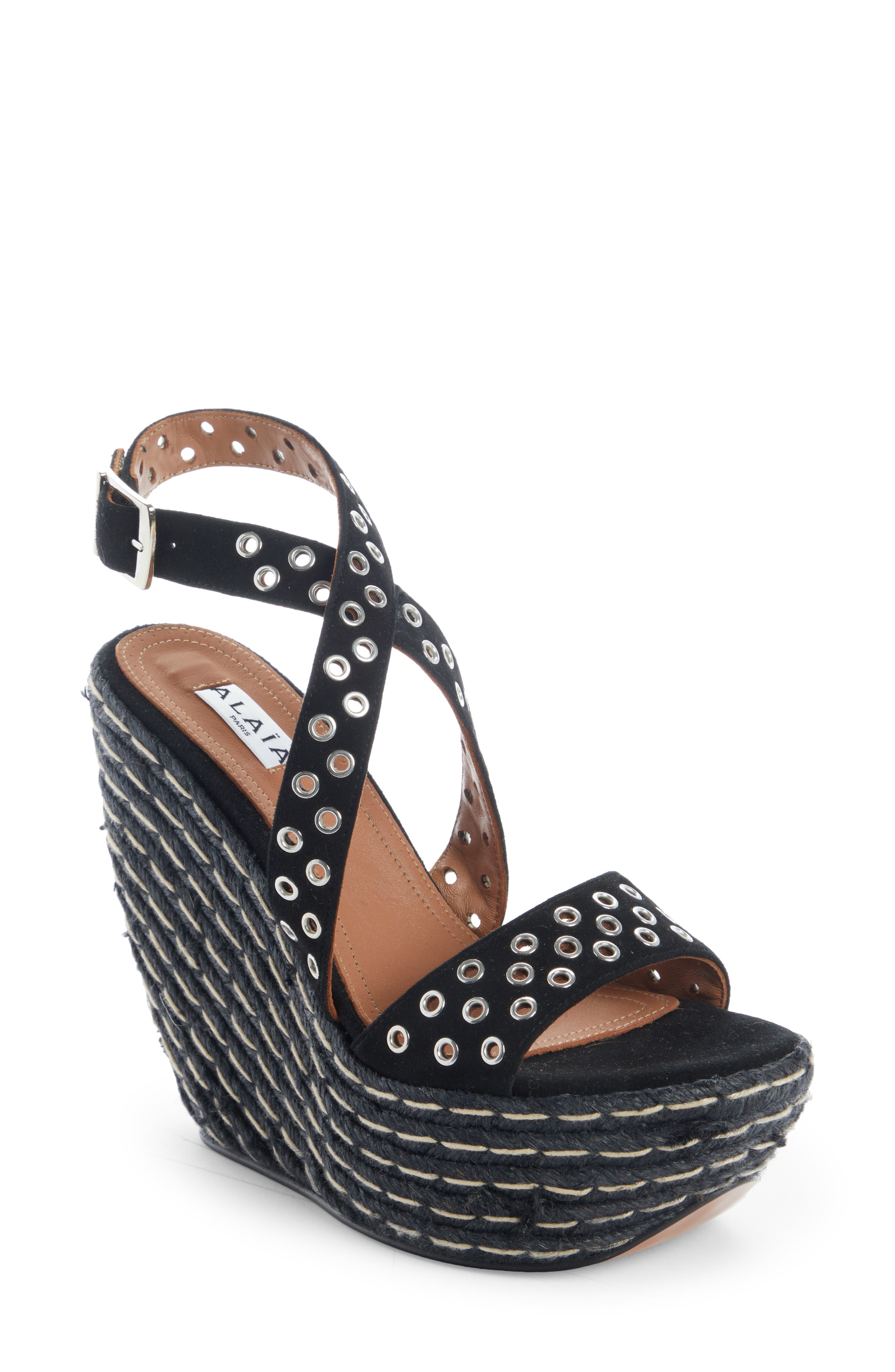 Alaïa Grommet Detail Wedge Espadrille Sandal, Main, color, 