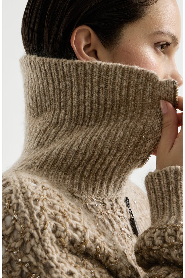Dazzling soft virgin wool and cashmere net cardigan, Alternate, color, Light Brown