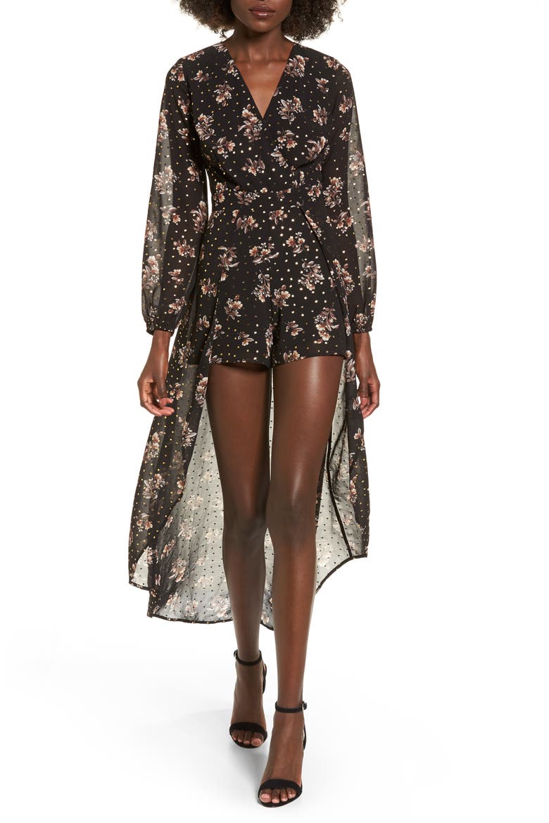 Floral Print Maxi Romper, Main, color, BLACK FLORAL FOIL