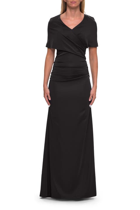 Jersey Gown with Draped Bodice and Short Sleeves