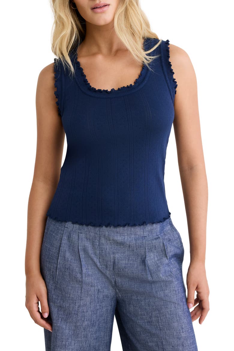 Ella Rib Lettuce Trim Cotton Pointelle Tank, Main, color, INK