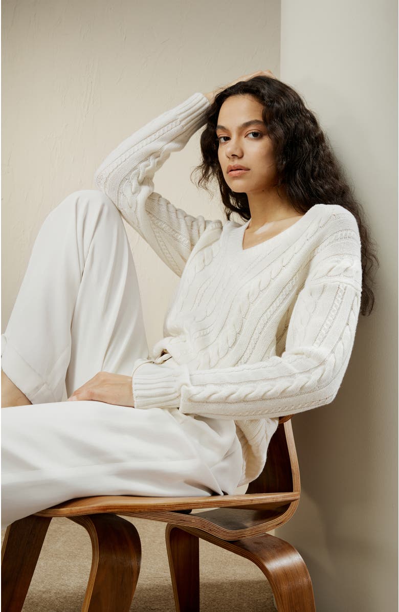 Lilysilk Women's Cable-Knit Wool-Cashmere Blend Sweater, Alternate, color, White