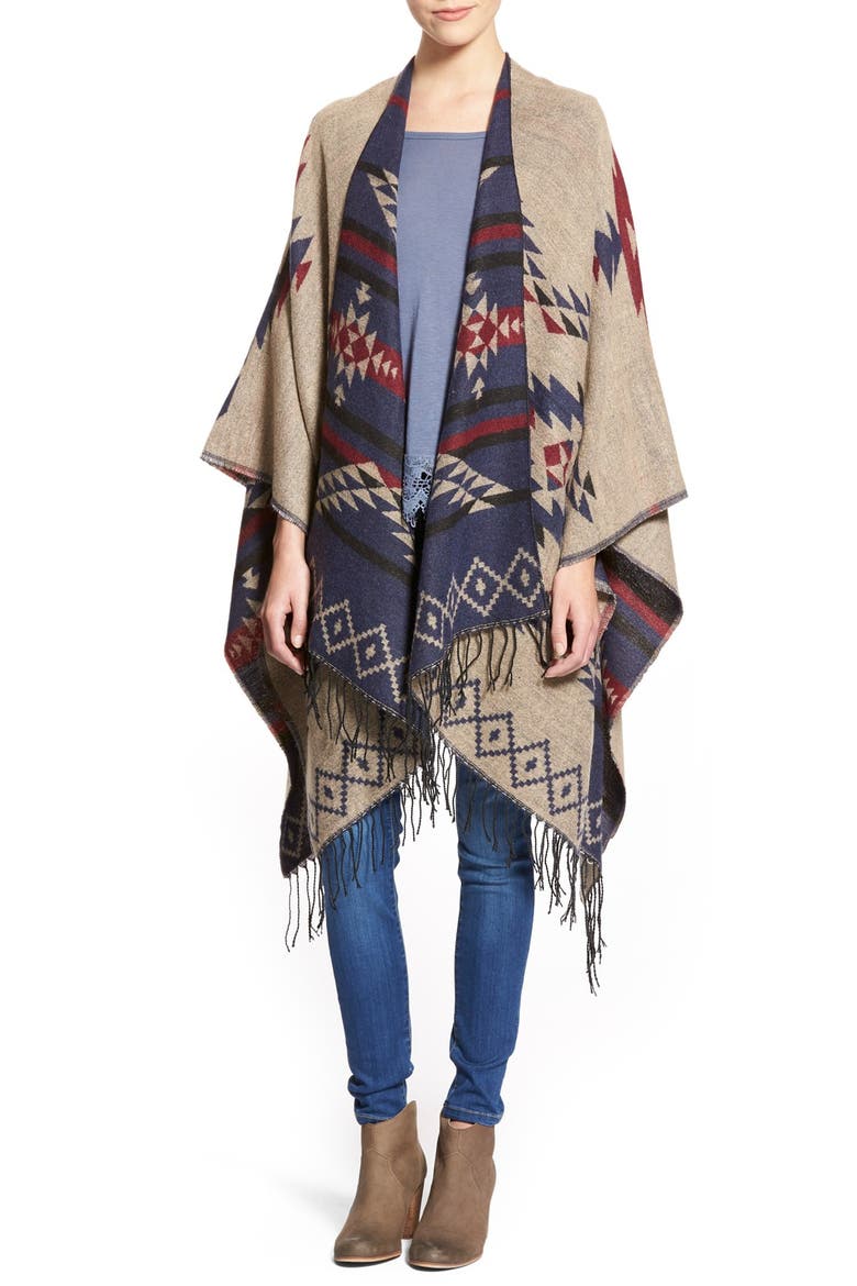 Reversible Geometric Pattern Poncho, Alternate, color, INDIGO MULTI