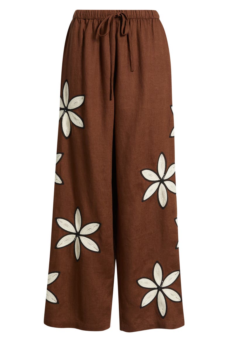 Emmie Embroidered Floral Drawstring Linen Pants, Alternate, color, COCOA FLORAL EMBROIDERY