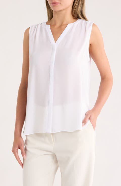 Print Pleat Back Sleeveless Split Neck Blouse (Regular & Petite) (Nordstrom Exclusive)