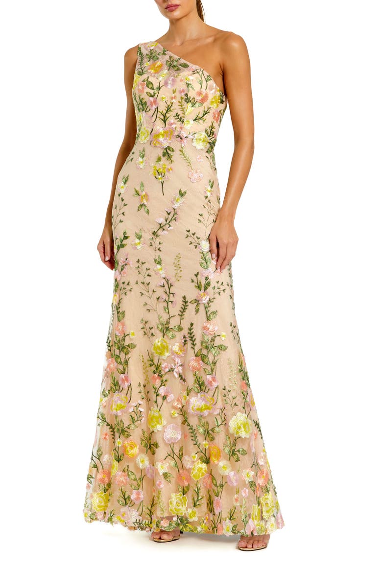 Women's One Shoulder Lace Embroidered Gown, Main, color, YELLOW MULTI